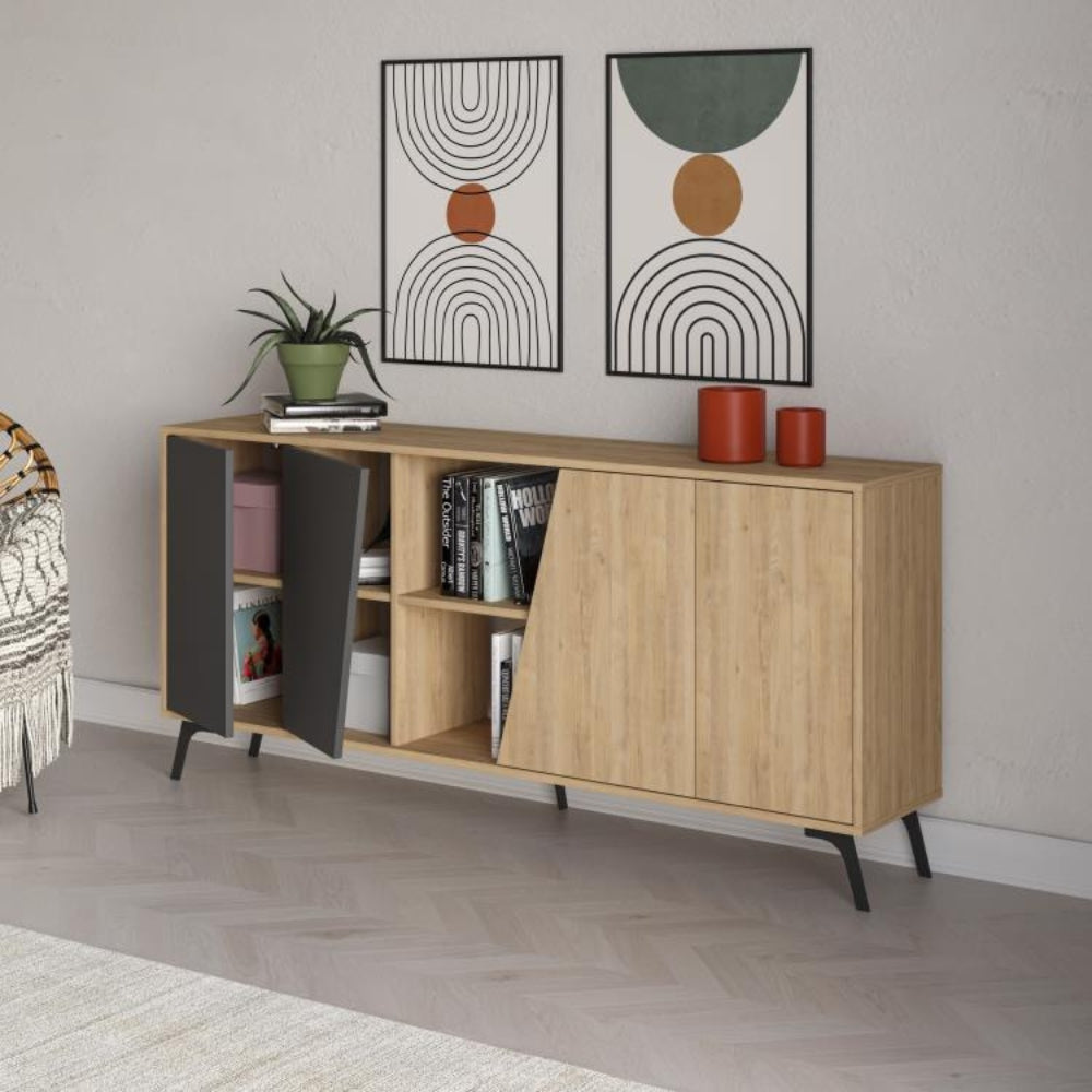 Buffet avec portes couleur chêne et anthracite 180 cm - Fiona
