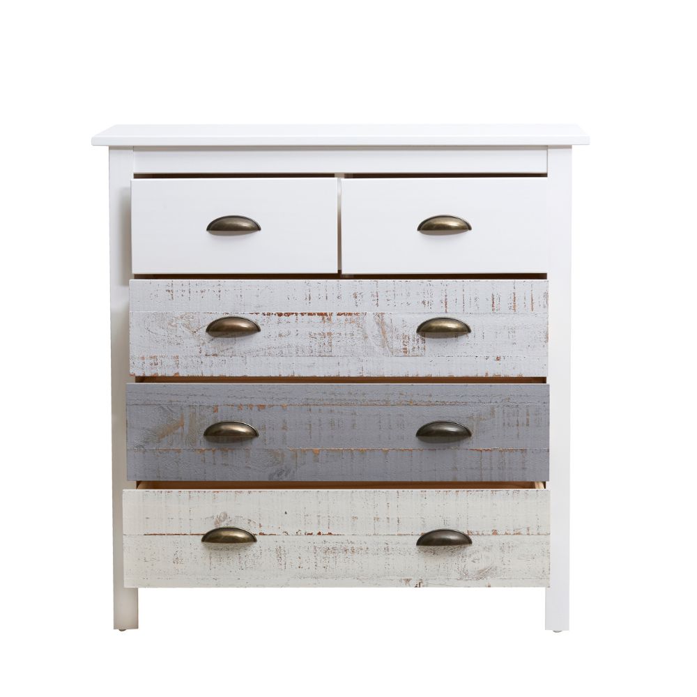 Comò in legno massiccio con 5 cassetti colore bianco grigio e crema 79x40x80H cm - Romantica