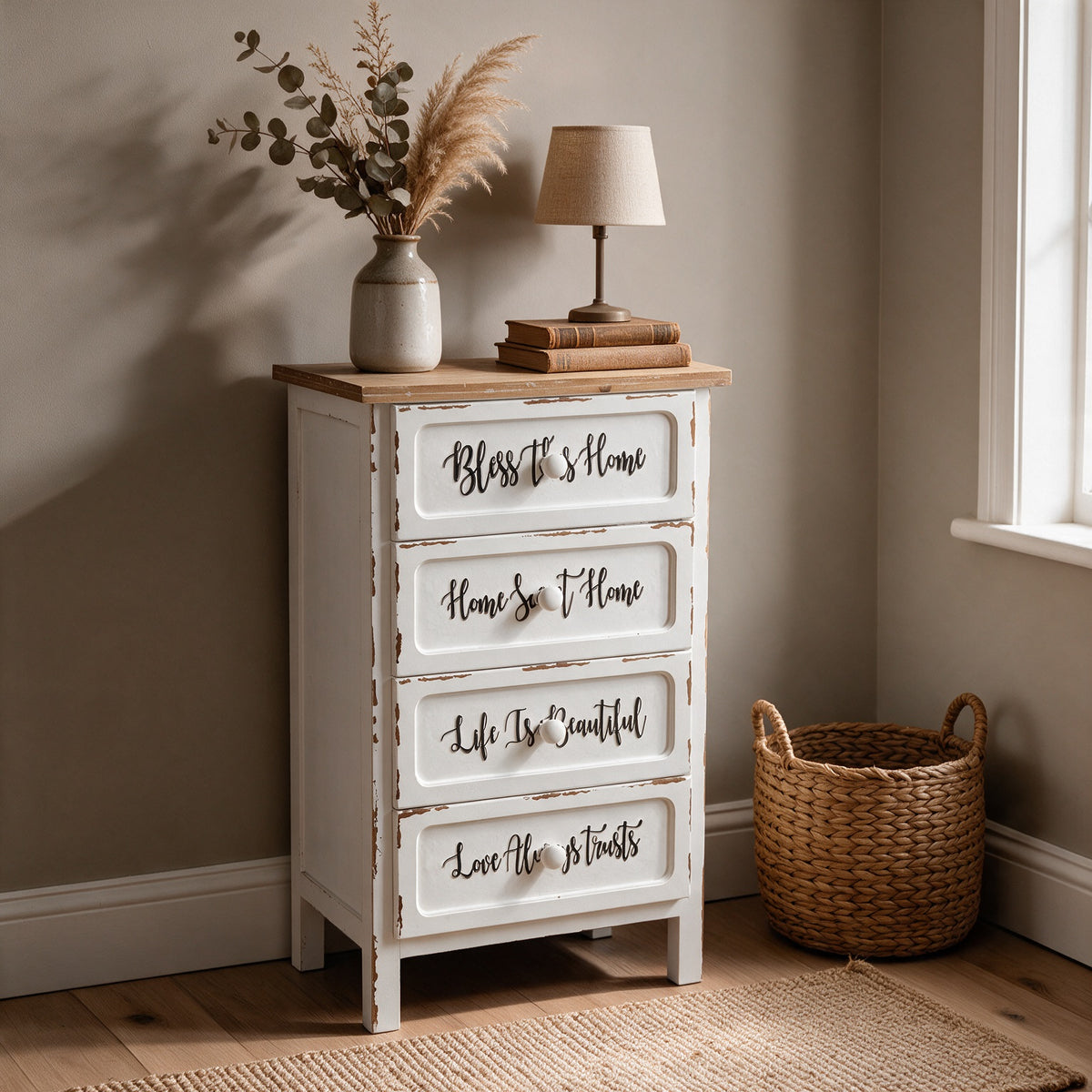 Mobile multiuso shabby chic 4 cassetti bianco e top rovere H 88 cm Breslavia
