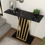 CONSOLE GRAVITY NOIR AVEC DÉTAIL PIED OR ET PLATEAU EFFET MARBRE NOIR