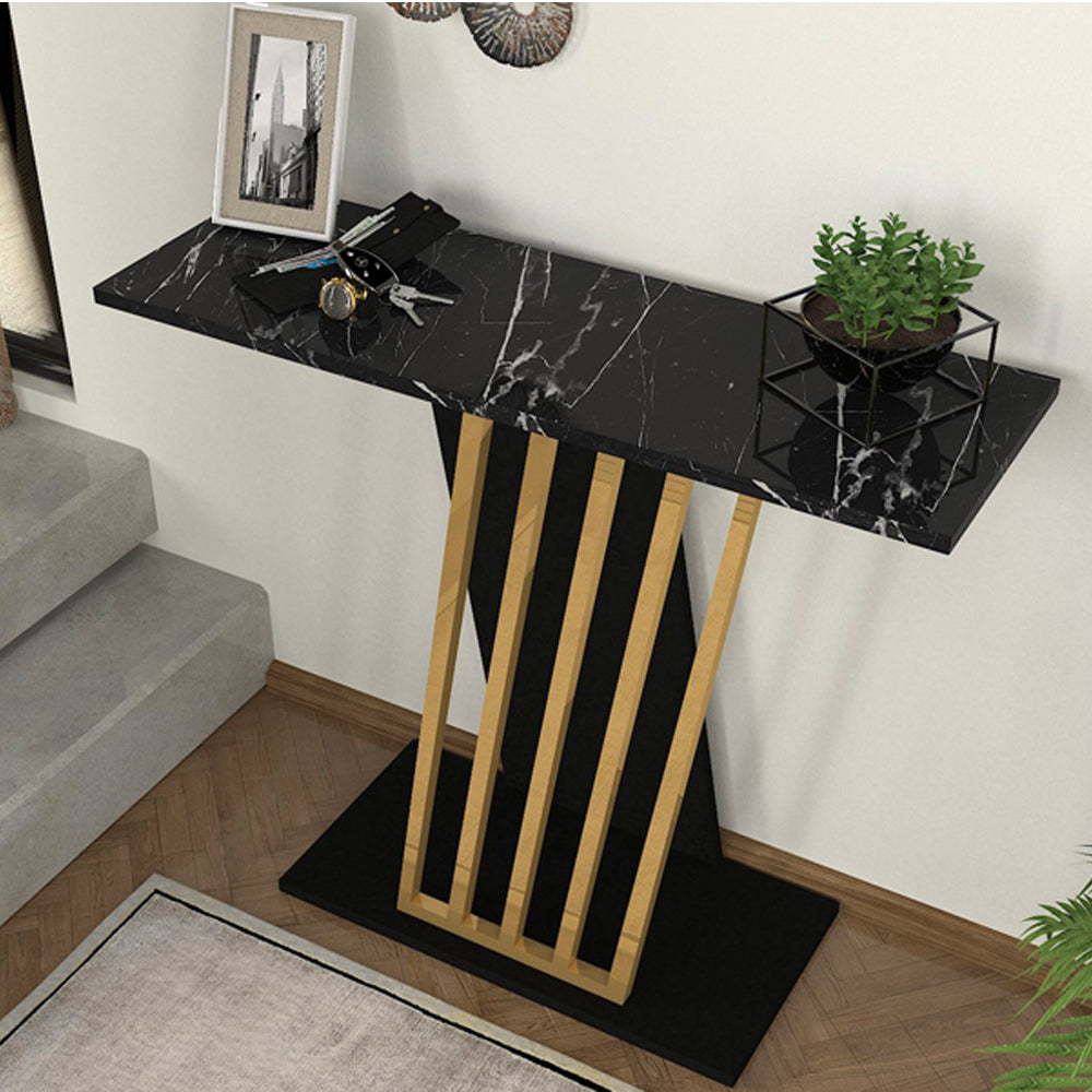 Konsole GRAVITY Schwarz mit goldenem Beingriff und Platte in schwarzer Marmoroptik