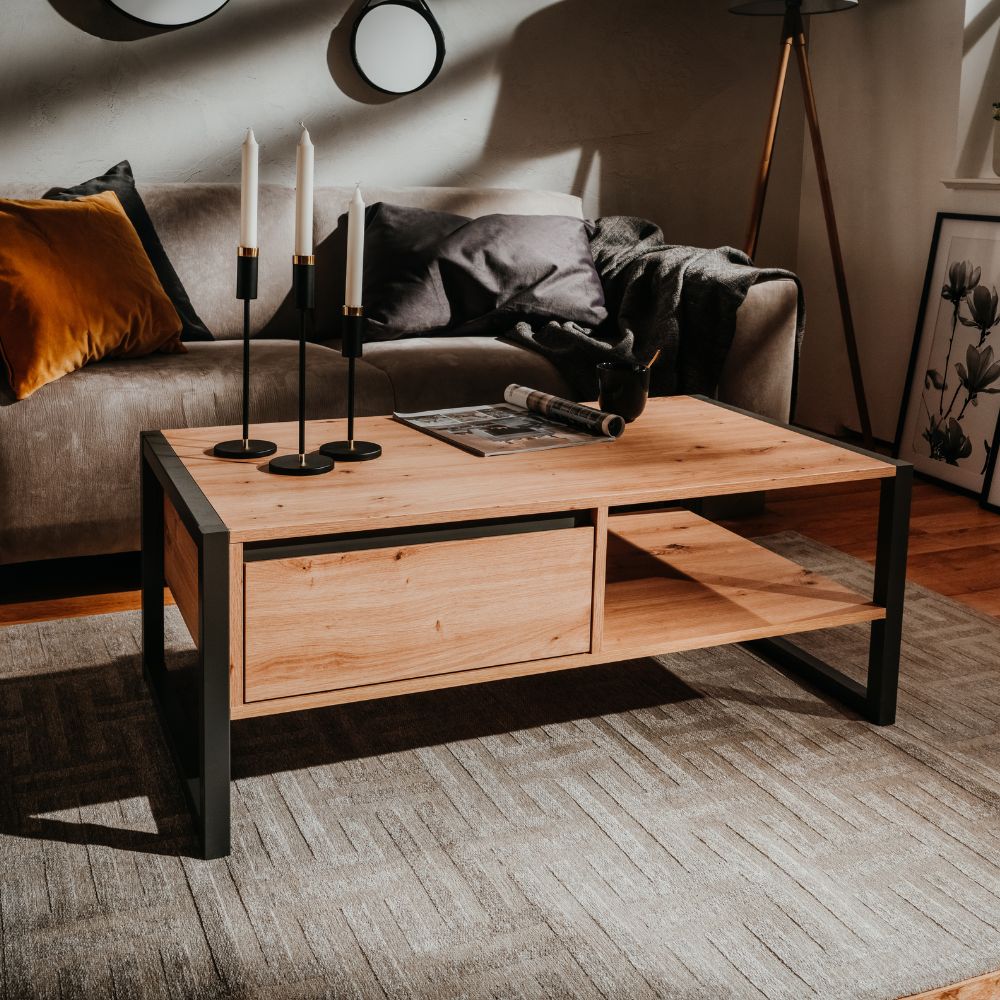 Tavolino da salotto 100x40h cm con cassetto e vano colore quercia e antracite - Denver