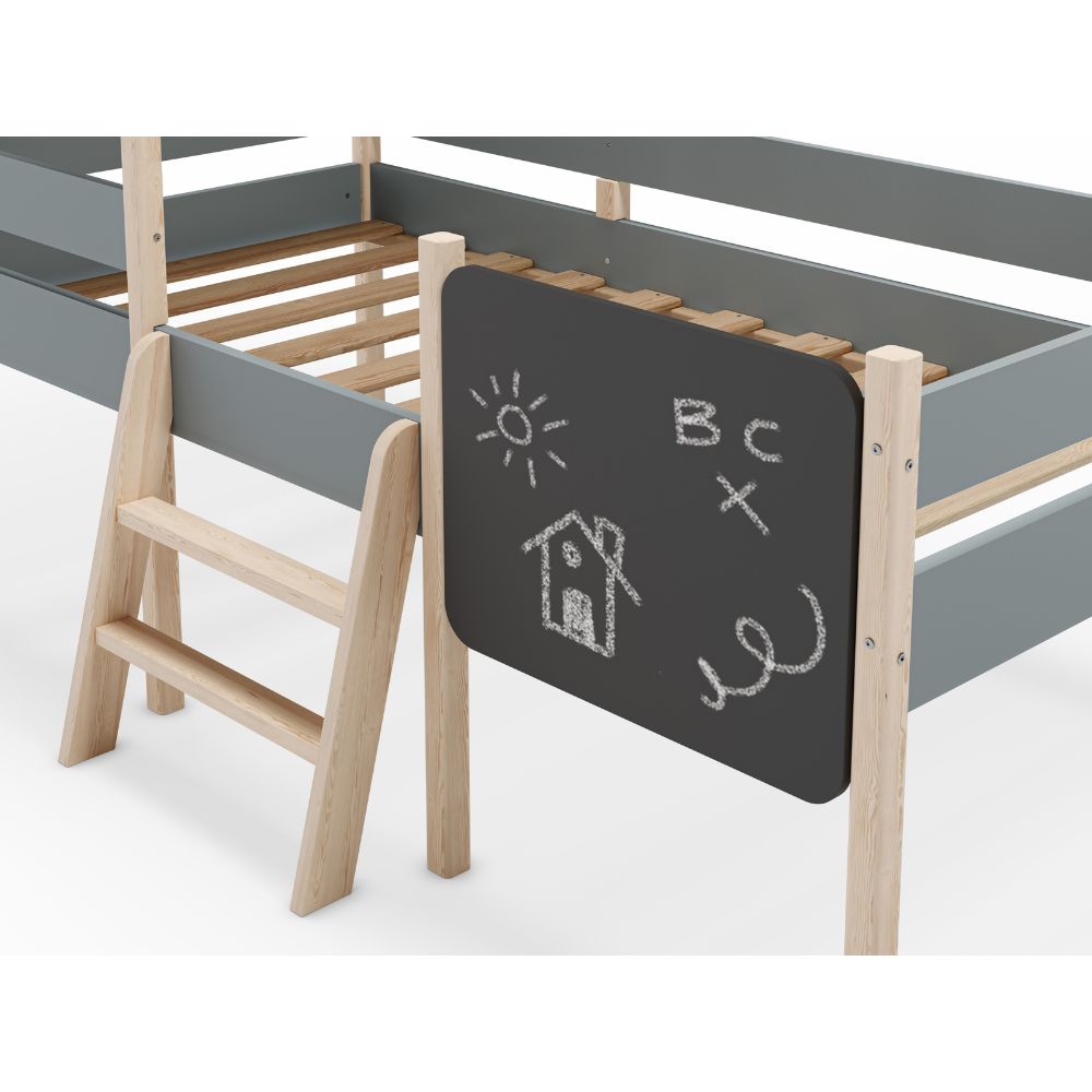 Letto singolo rialzato a forma di casetta in legno massiccio colore verde cachi e pino - Minty