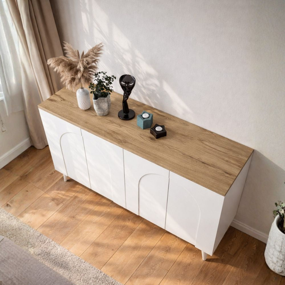 ANRICHTE BONO MIT 4 TÜREN, FARBE WEISS UND PLATTE EICHE