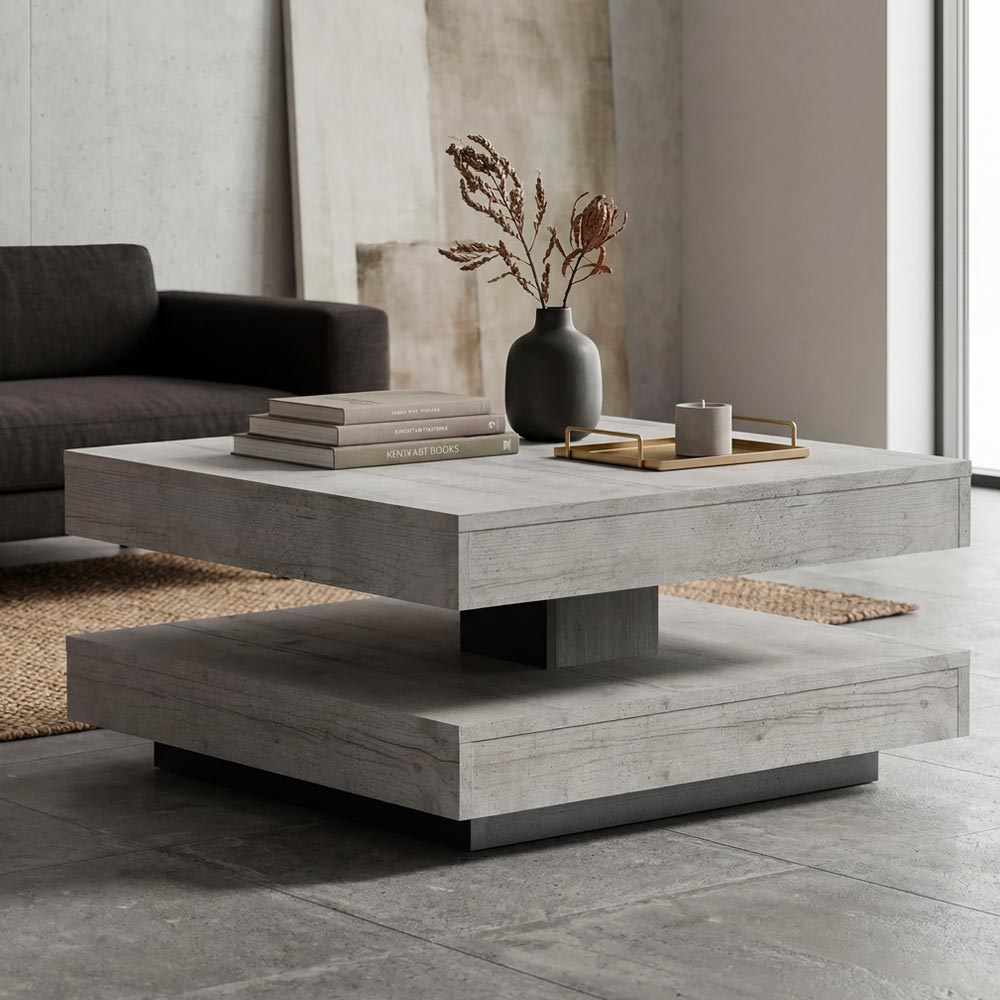 Tavolino da salotto con doppio piano quadrato girevole colore cemento 67x67 cm Monolith