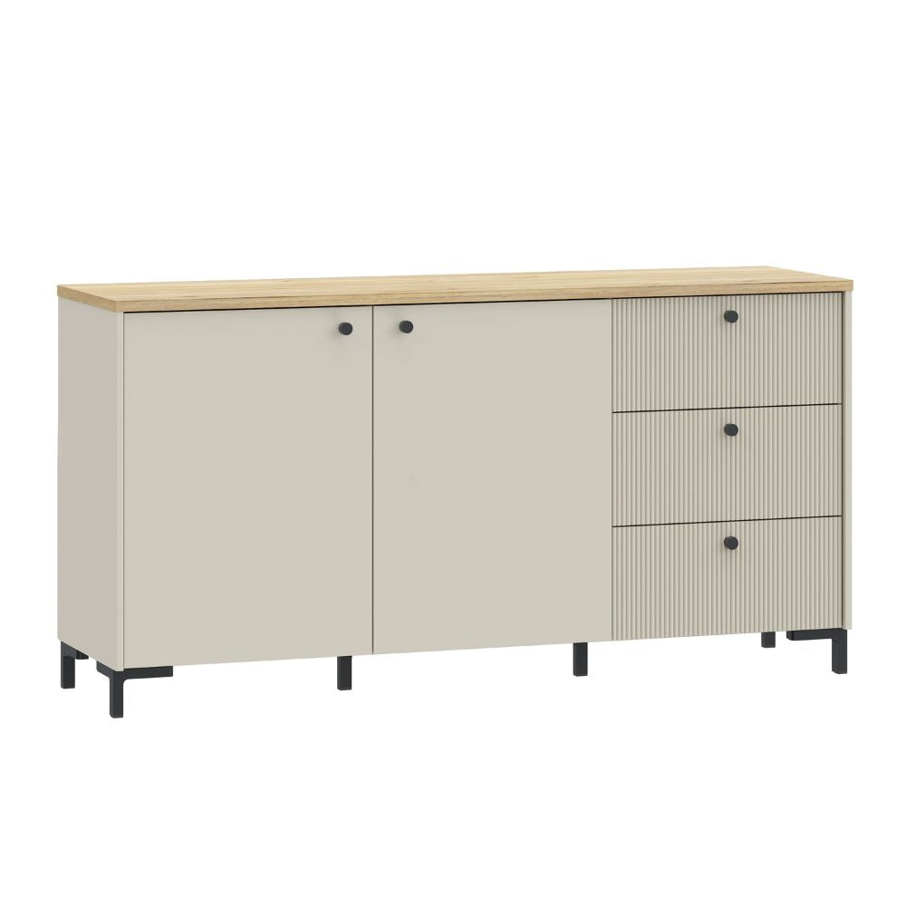 Madia 2 ante, 3 cassetti cannettati e top rovere Unit