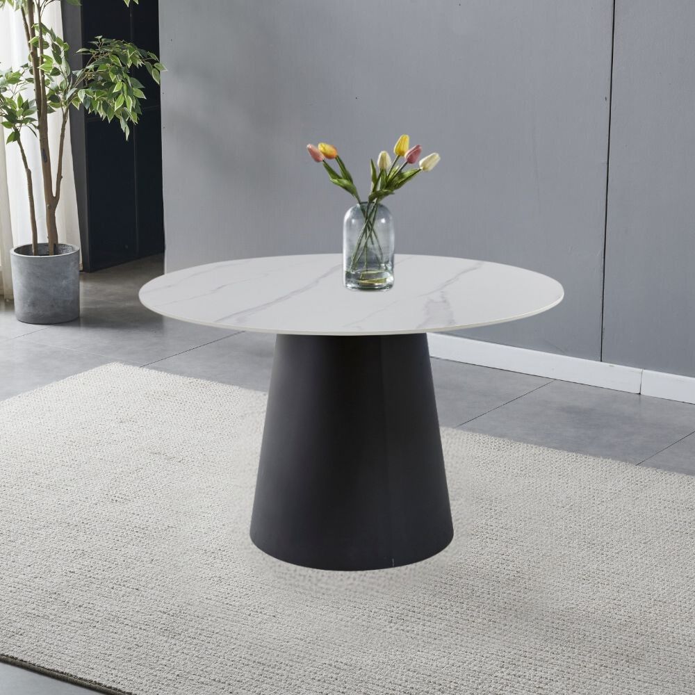 Tavolo rotondo Lauren in ceramica effetto marmo colore bianco e base metallo nera