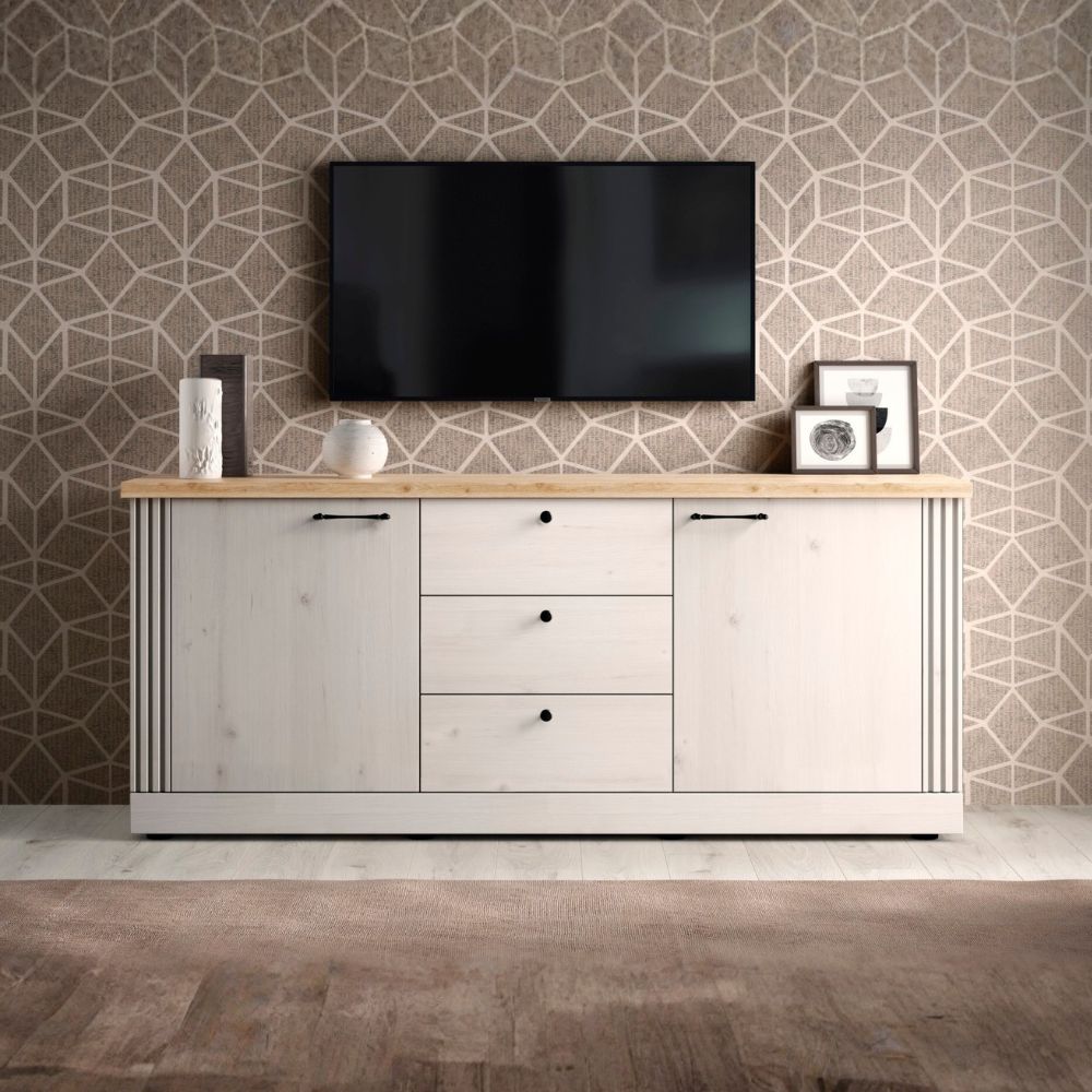 Buffet 2 portes et 3 tiroirs coloris blanc meringue et chêne Cadix 211x44x88H Winchester