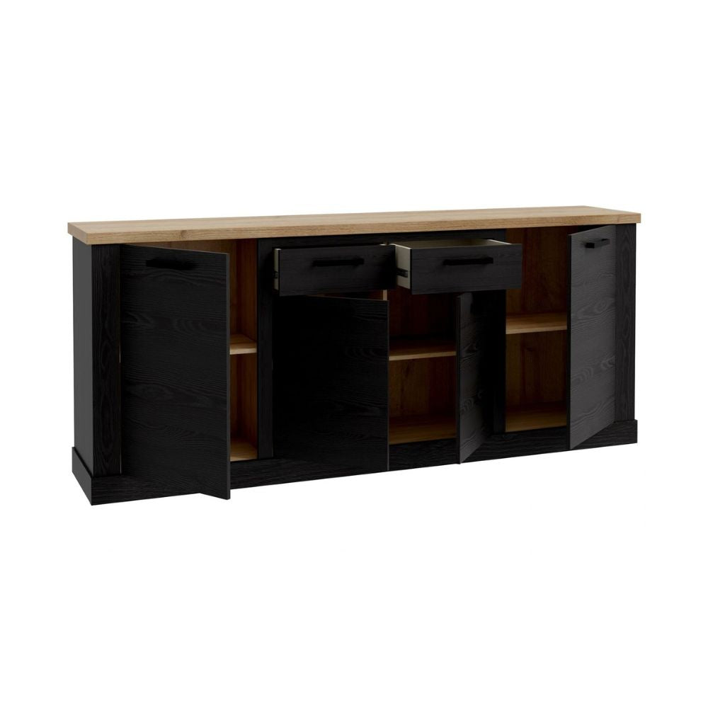 Madia 4 ante e 2 cassetti 213 cm nero cabezone con top rovere riviera Flux