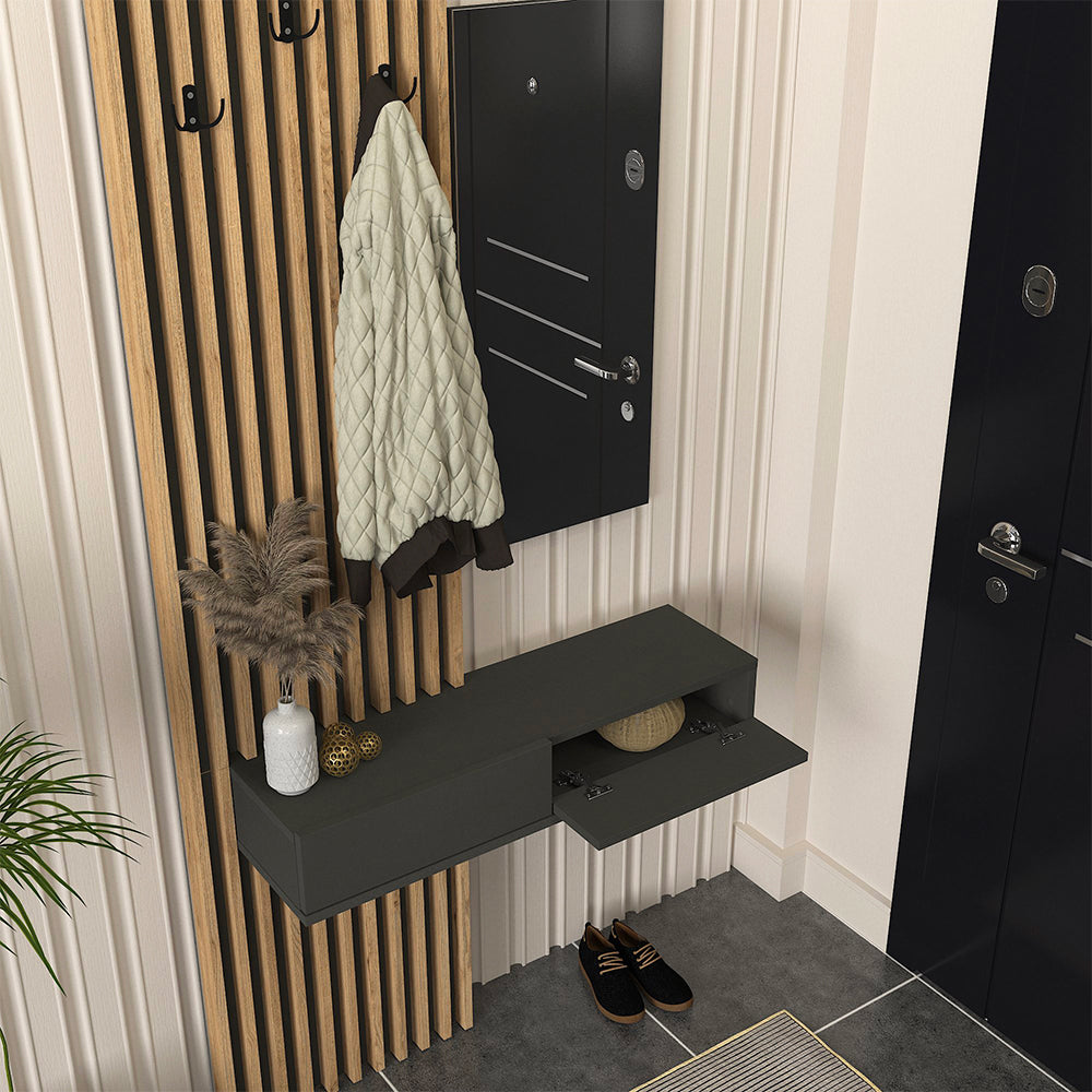 ENTRÉE ELOIS ANTHRACITE CHÊNE AVEC 3 PATTÈRES ET MIROIR