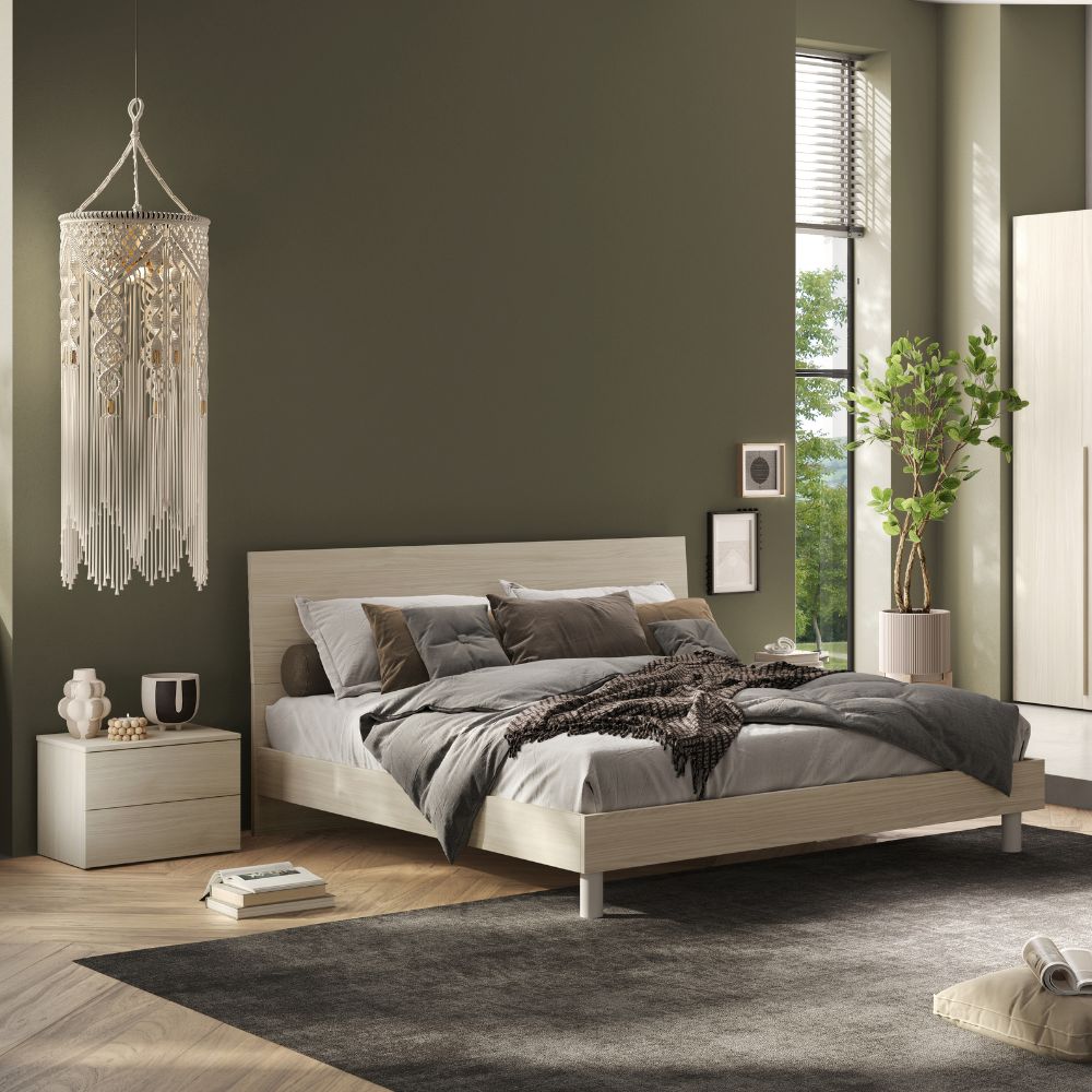 Chambre à coucher avec armoire 6 portes battantes et lit double en bois couleur orme Corinna