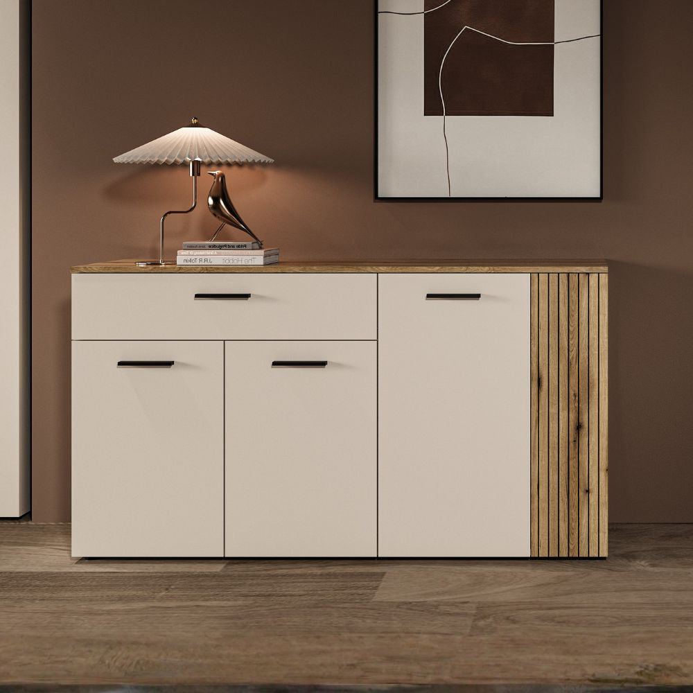 BUFFET 3 PORTES 1 TIROIR COULEUR CACHEMIRE/CHÊNE EVOQUE