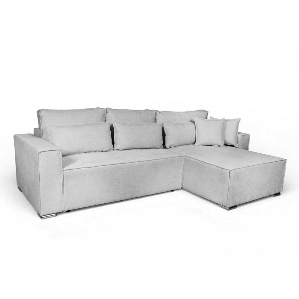 Divano angolare grigio con letto Easy Open, contenitore e penisola reversibile Emily