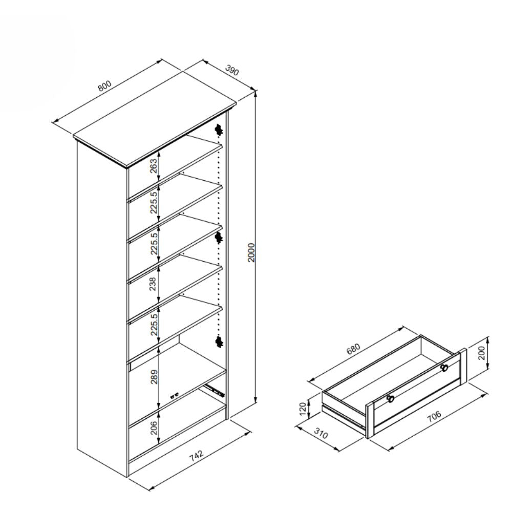Kleiderschrank mit 2 Türen und einer Schublade, Farbe Altholz Eiche 80x200H cm - Tiberio