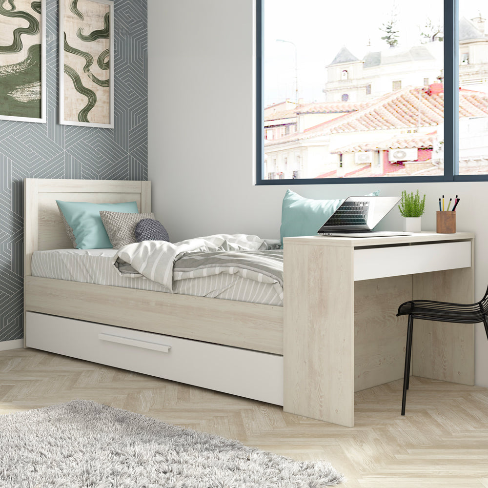 Letto singolo con scrivania integrata e letto estraibile colore bianco vintage e bianco