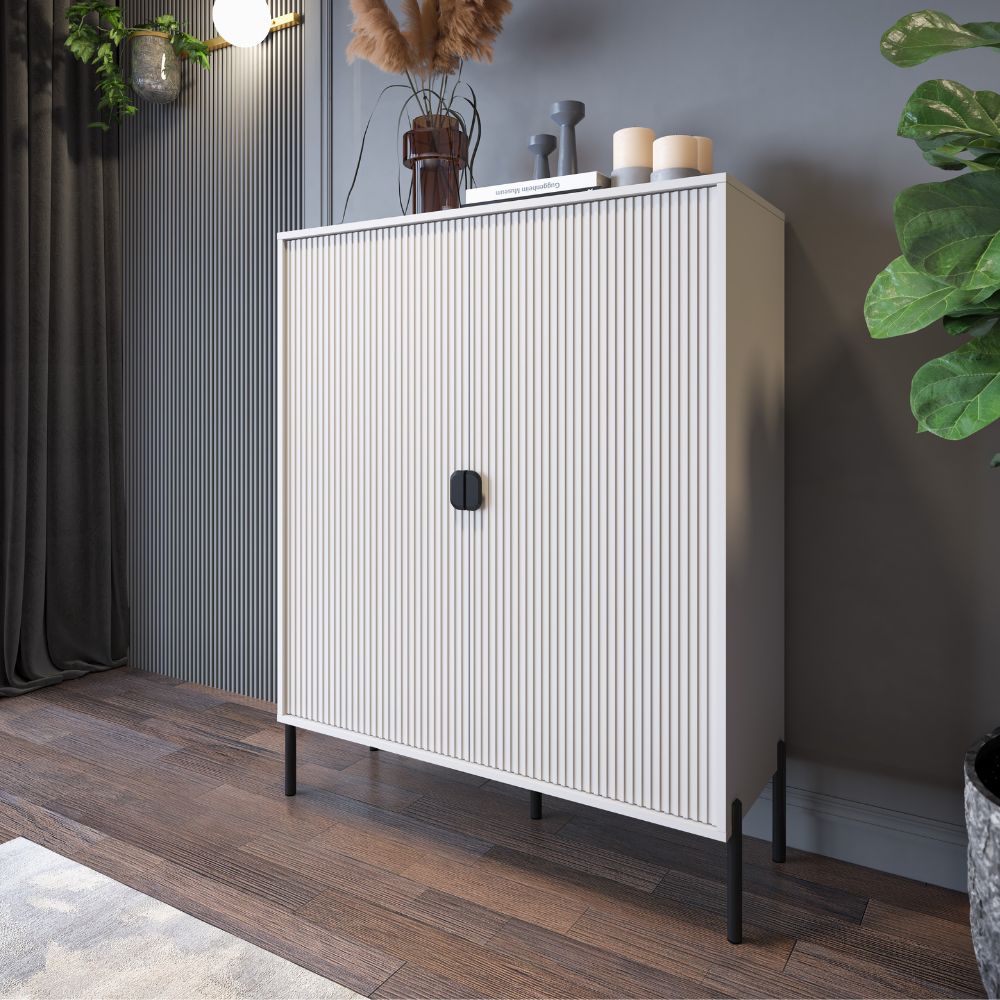 Mobile alto con 2 ante e frontali cannettati colore cashmere opaco 103,6x129,4H cm - Lotus