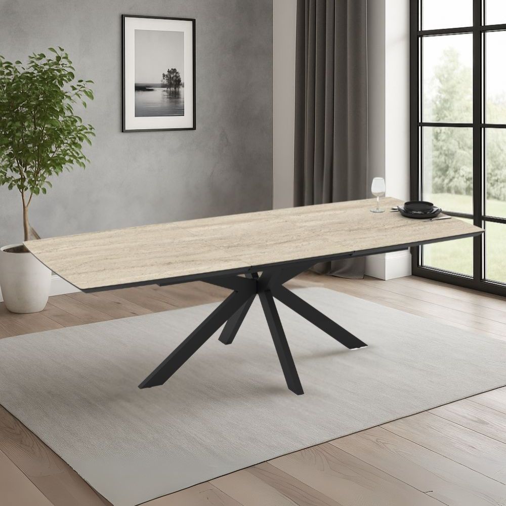 Table extensible plateau effet marbre travertin beige et piètement noir 180/240x100x76H Verano