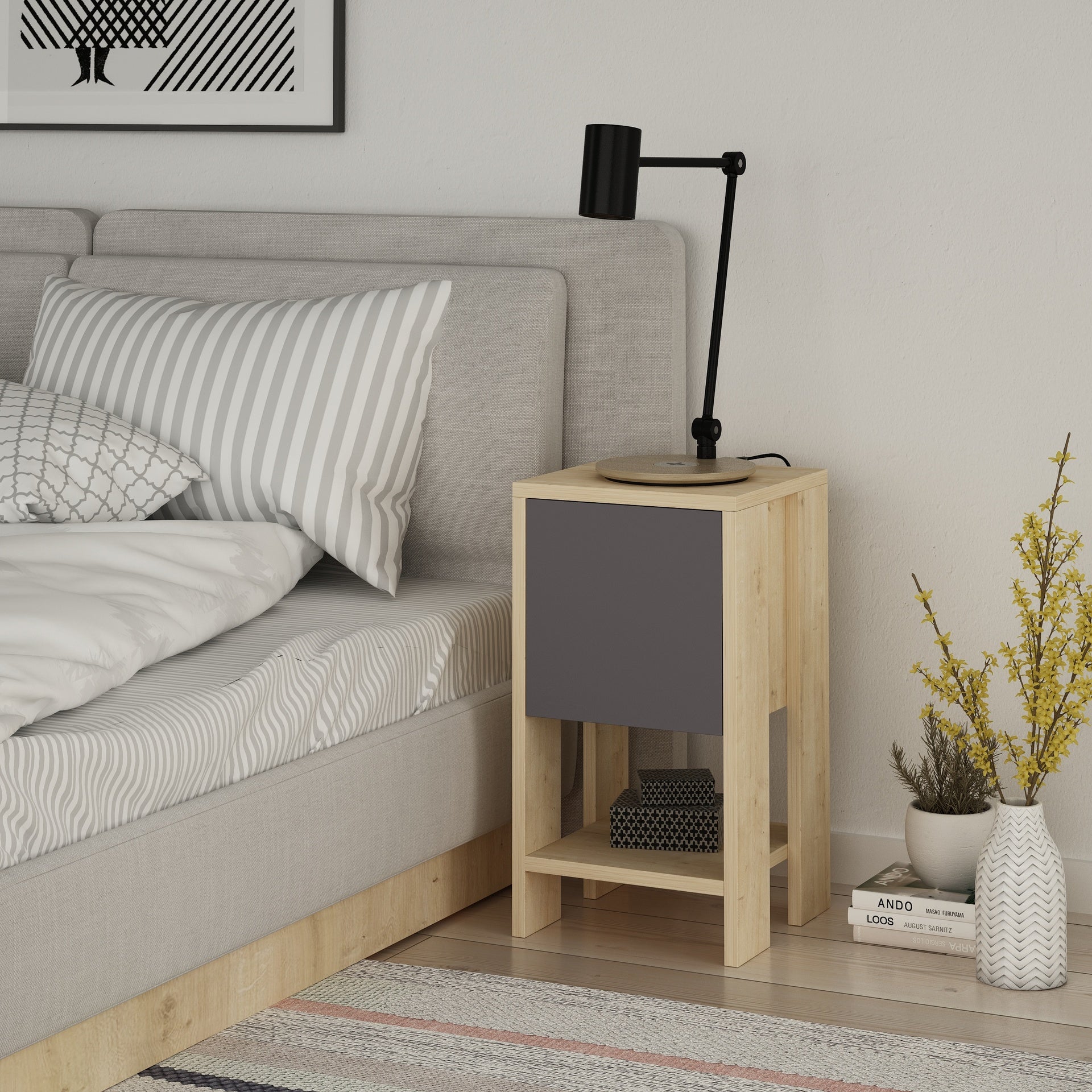 Comodino con anta ribalta colore rovere e antracite 30x55H cm - Ema