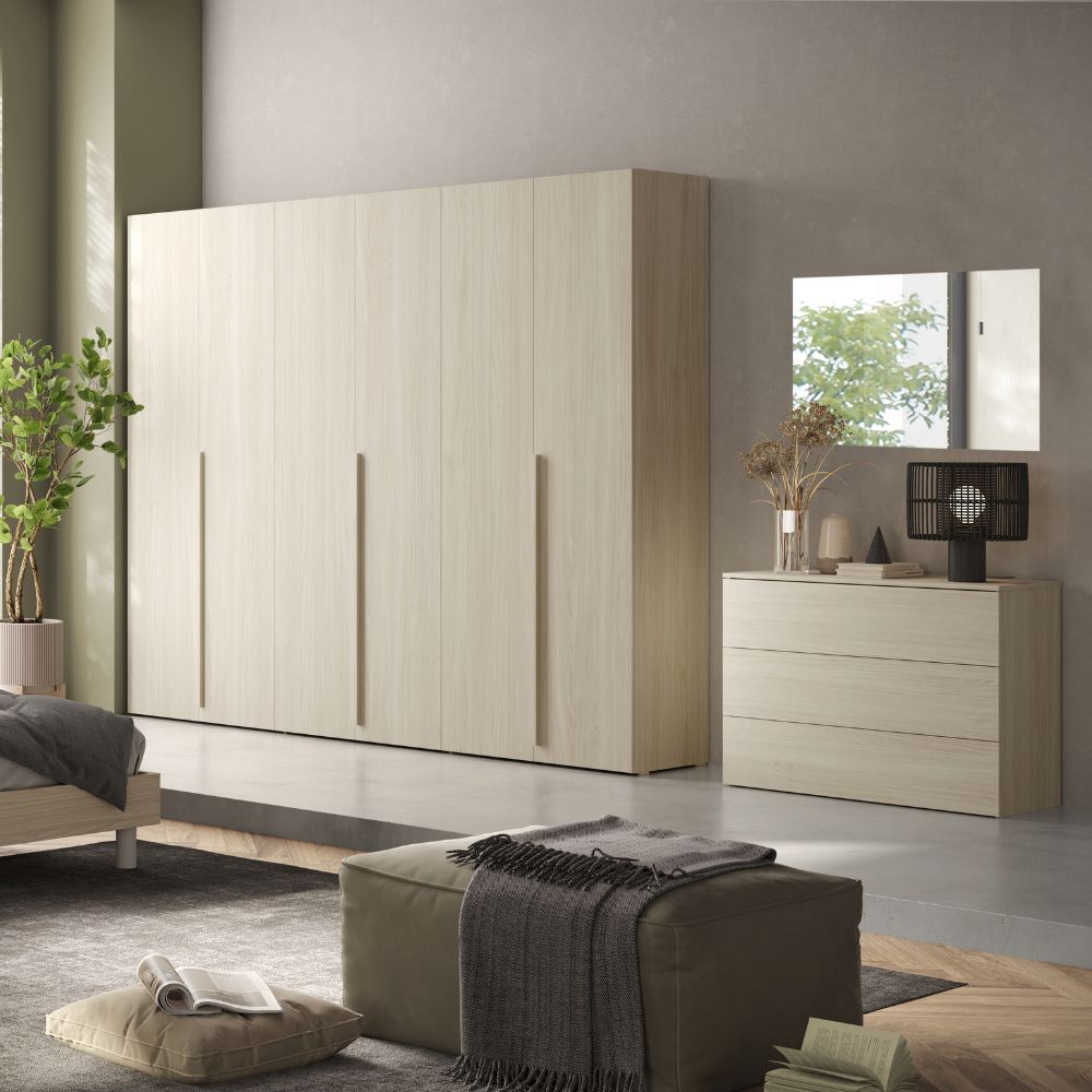 Chambre à coucher avec armoire 6 portes battantes et lit double en bois couleur orme Corinna