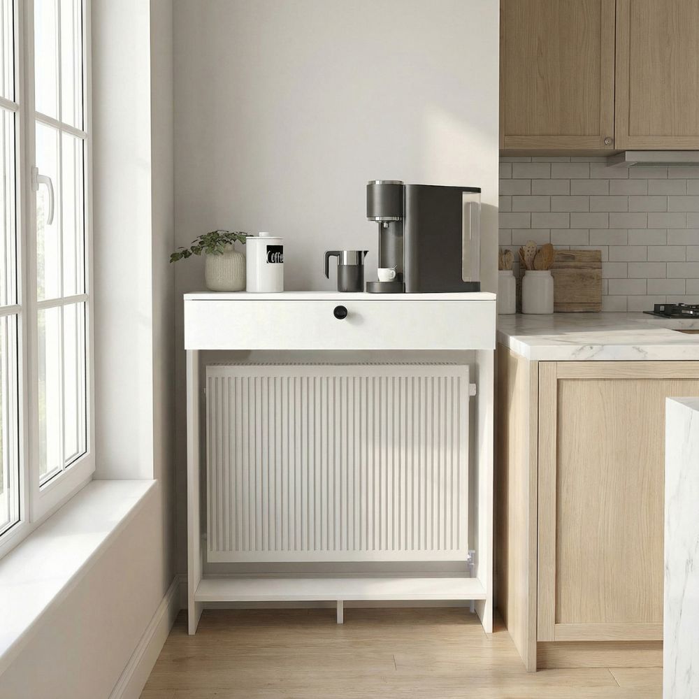 Consolle copri termosifone 90 cm bianca con anta a ribalta Opelya