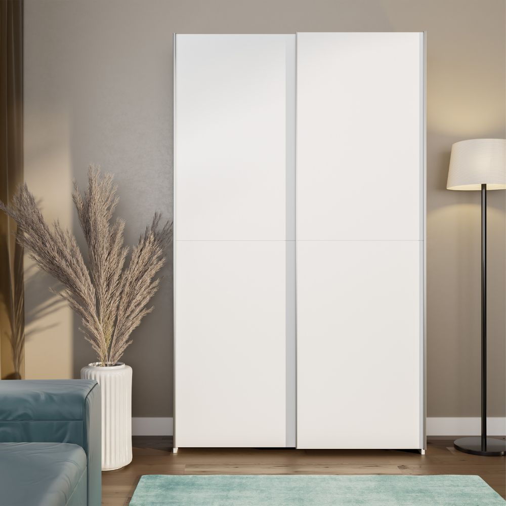 Armadio 2 ante scorrevoli 120x39x210 con ripiani e appendiabiti colore bianco Nico