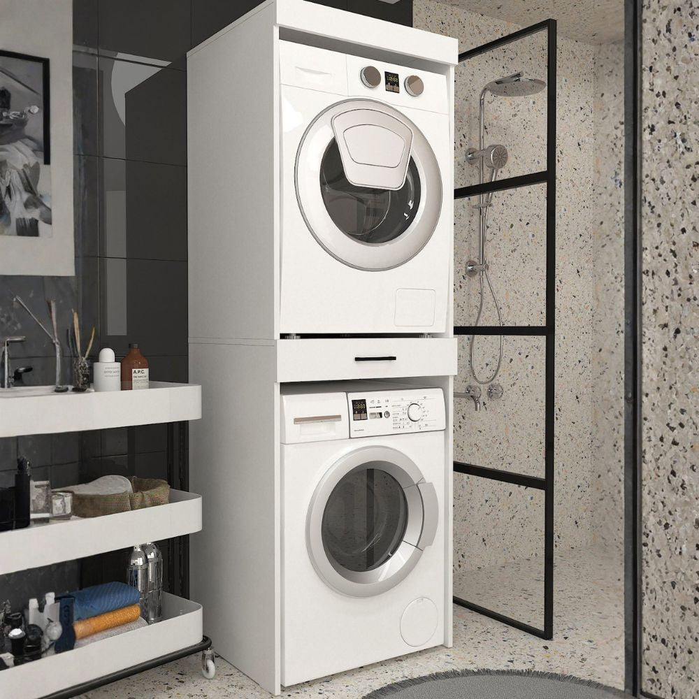 MEUBLE COLONNE LAVE-LINGE ET SÈCHE-LINGE FIKA AVEC TIROIR SUPPORT COULEUR BLANC