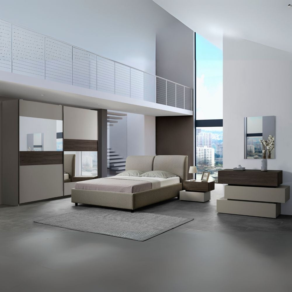 Camera da letto con armadio 2 ante scorrevoli specchi e letto contenitore colore tortora e noce - Kendra