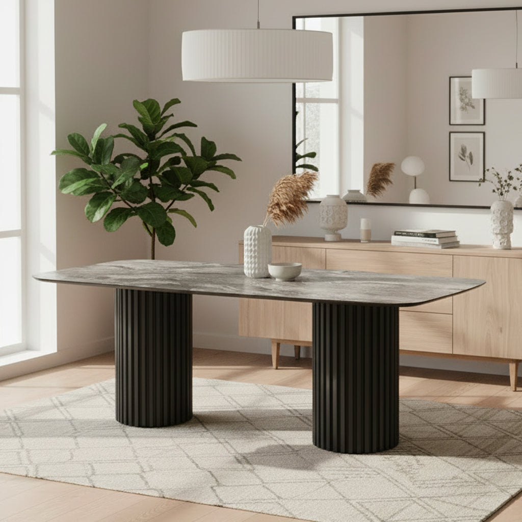 Tavolo rettangolare fisso piano nero arabesque e basi in legno cannettati 200x100x76H Oslo
