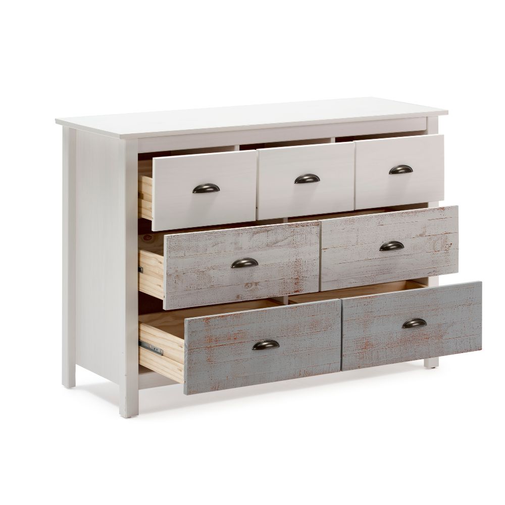 Commode en bois massif avec 7 tiroirs blanc et gris 110x40x80H cm - Romantica