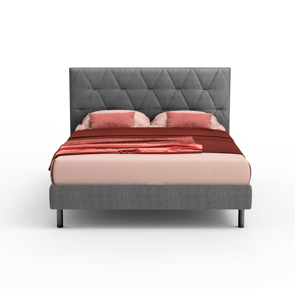 Lit double avec coffre de rangement et tête de lit capitonnée coloris gris - Cody
