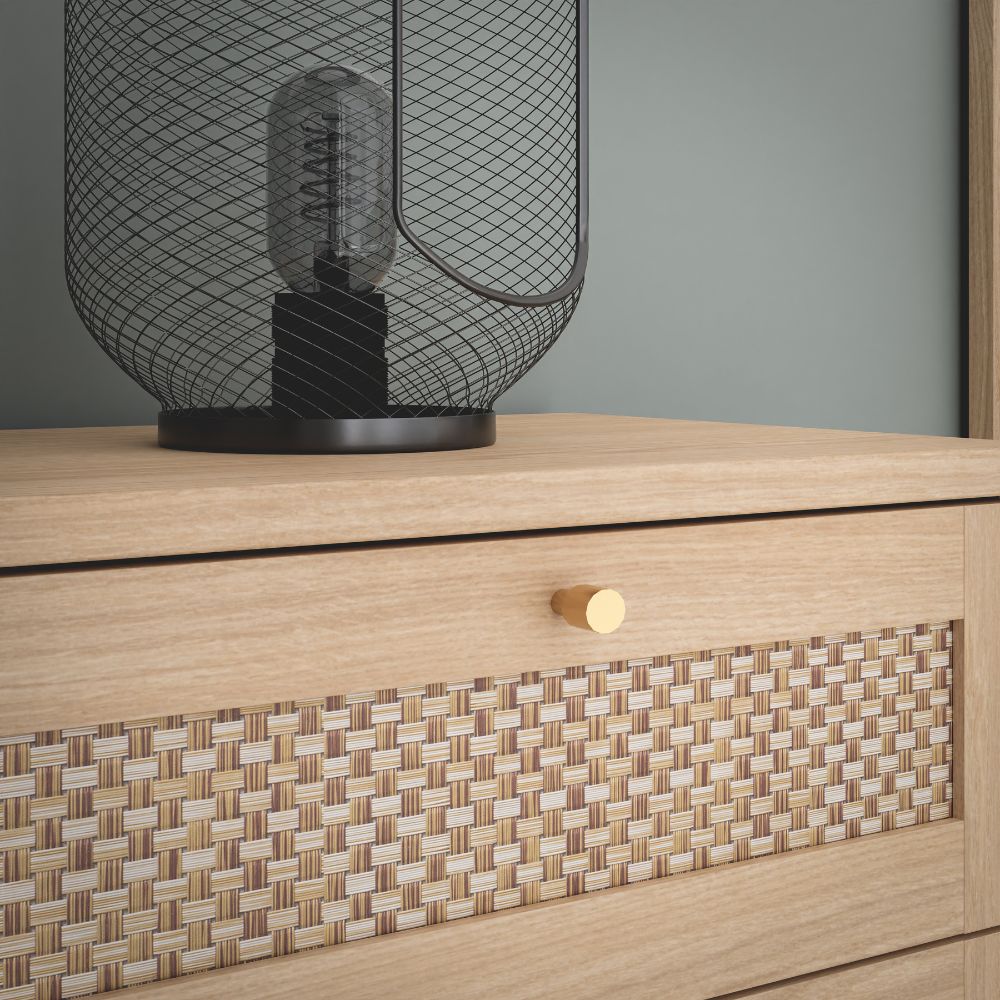 Cassettiera 3 cassetti in rovere con dettagli effetto Rattan 90.4x41.4x80H Livia
