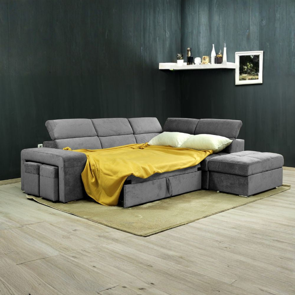 Divano angolare reversibile con poggiatesta regolabili, pouf e funzione letto grigio Positano