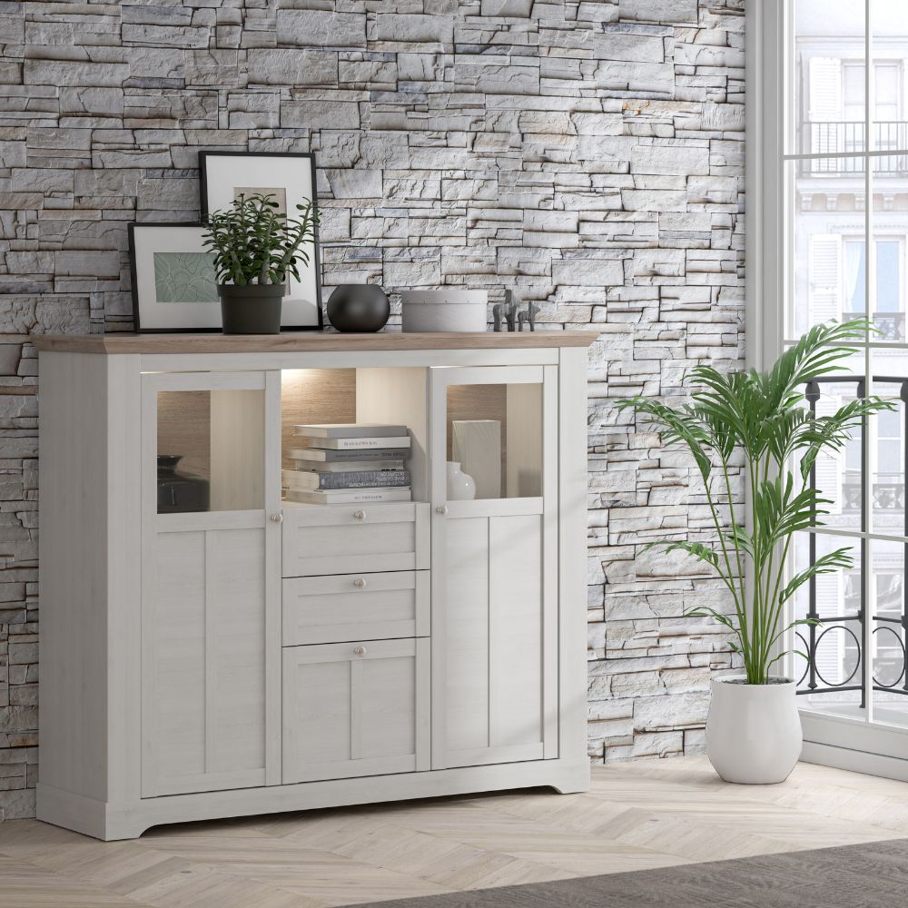 Credenza 3 ante in vetro temperato e luci LED rovere bianco neve e olmo scuro Forma