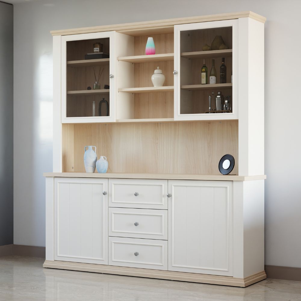 Vetrina 4 ante, 3 cassetti e nicchie a giorno colore bianco e rovere Essenza