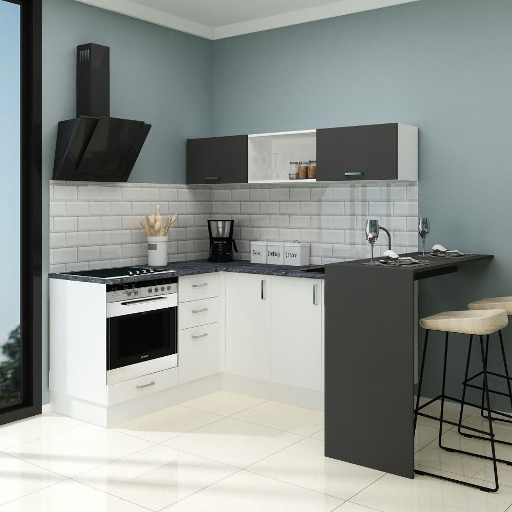 Cuisine d'angle avec presqu'île réversible coloris blanc et noir 180x160 cm - Matera
