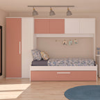 Brückenbett mit Ausziehbett in Weiß und Altrosa - Pinky