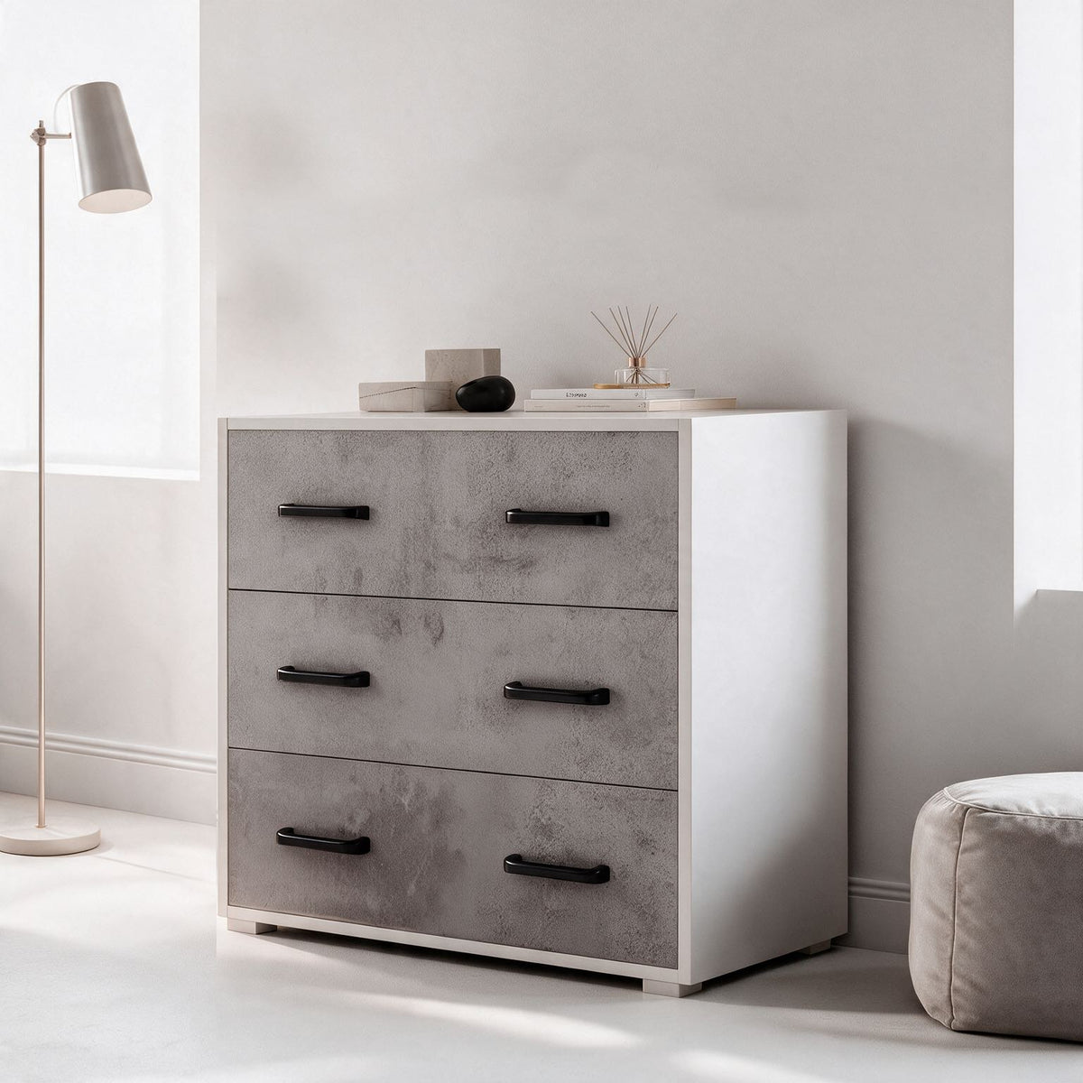 Comò con 3 cassetti colore bianco frassinato e cemento 91x81H cm