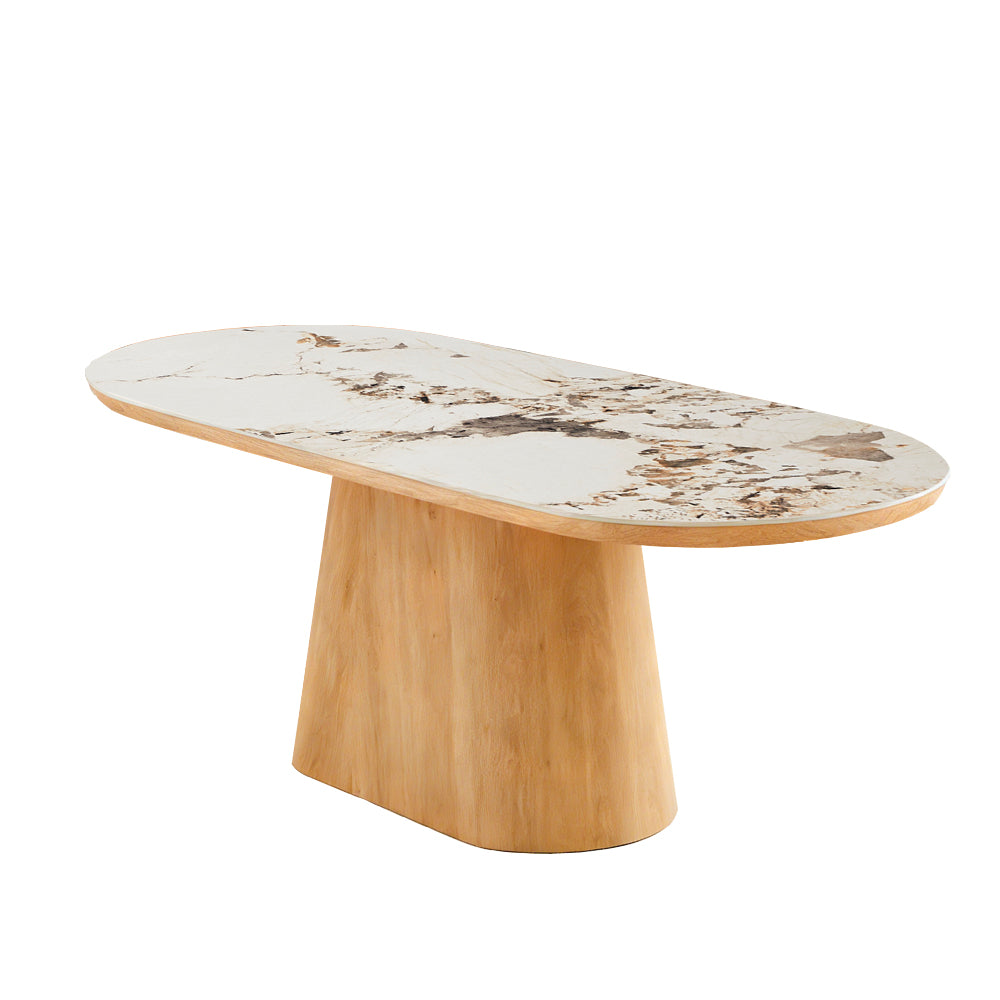 Tavolo ovale 200x100 con piano effetto marmo bianco arabesque e base rovere naturale Nordico