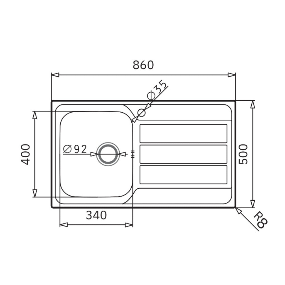 Lavello da incasso in acciaio inox con vasca e gocciolatoio destro 86x50 Tirreno861