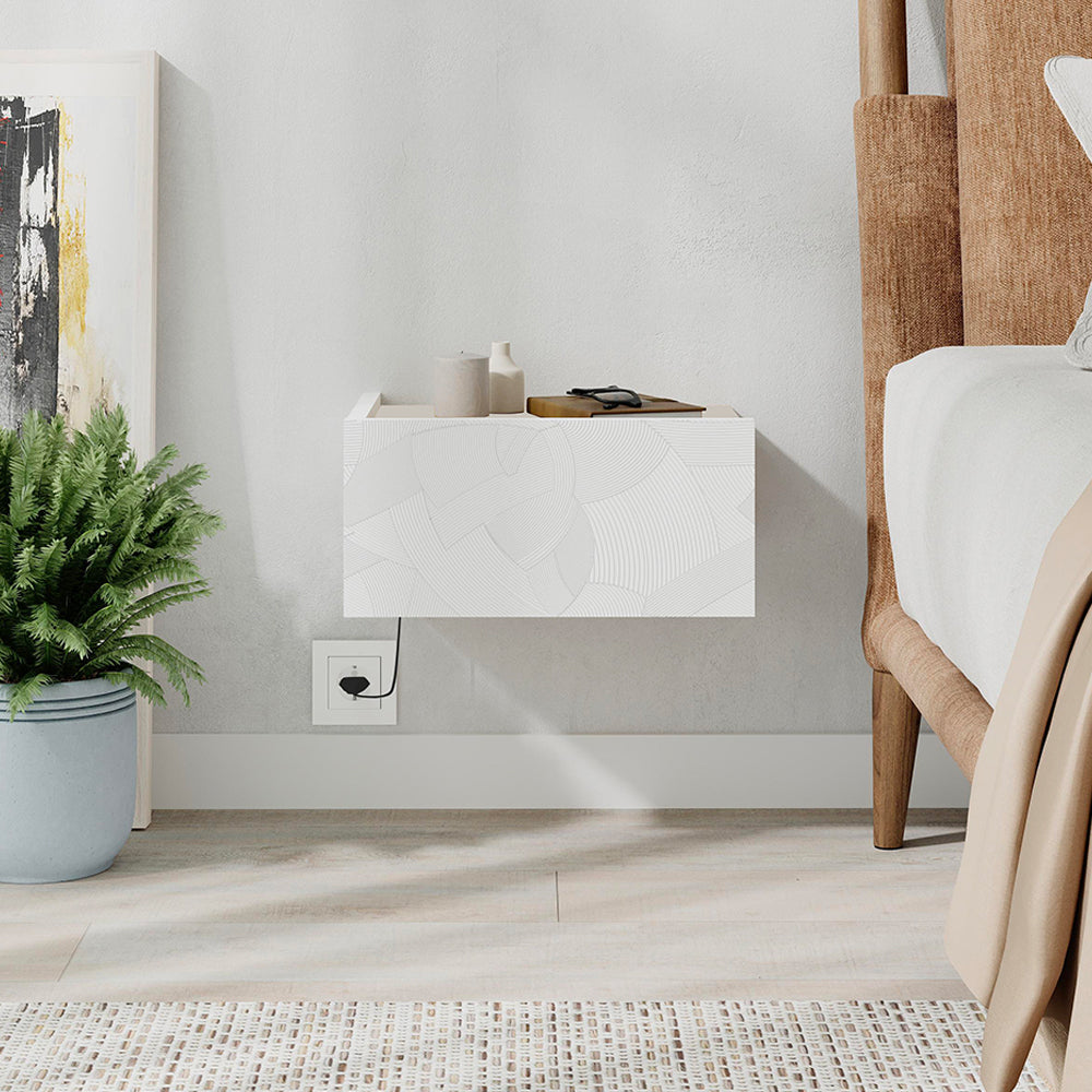 Comodino sospeso con cassetto e luci integrate 40 cm bianco e cashmere Onda