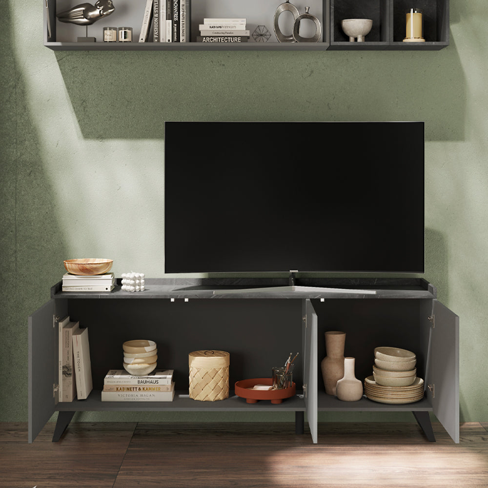 Meuble TV 3 portes couleur ardoise plomb 181x72H cm - Polan