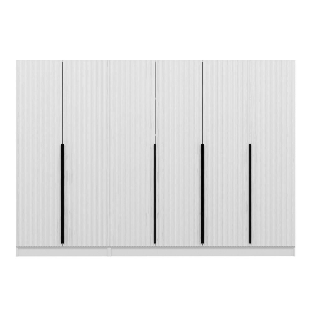 Kleiderschrank mit 6 Drehtüren in Weiß, geriffelte Optik, 270x52x210H cm – Wilmy