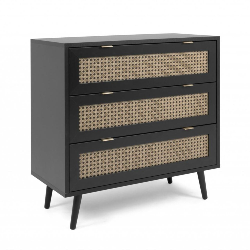 Cassettiera 80x80h cm con 3 cassetti colore nera con frontali vimini - Vienna03A