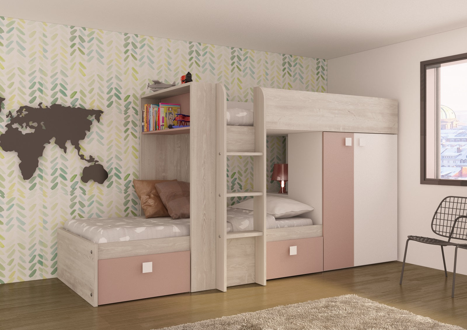 Lit superposé pour deux enfants avec tiroirs et armoire couleur blanc vieilli et rose antique - Bunky