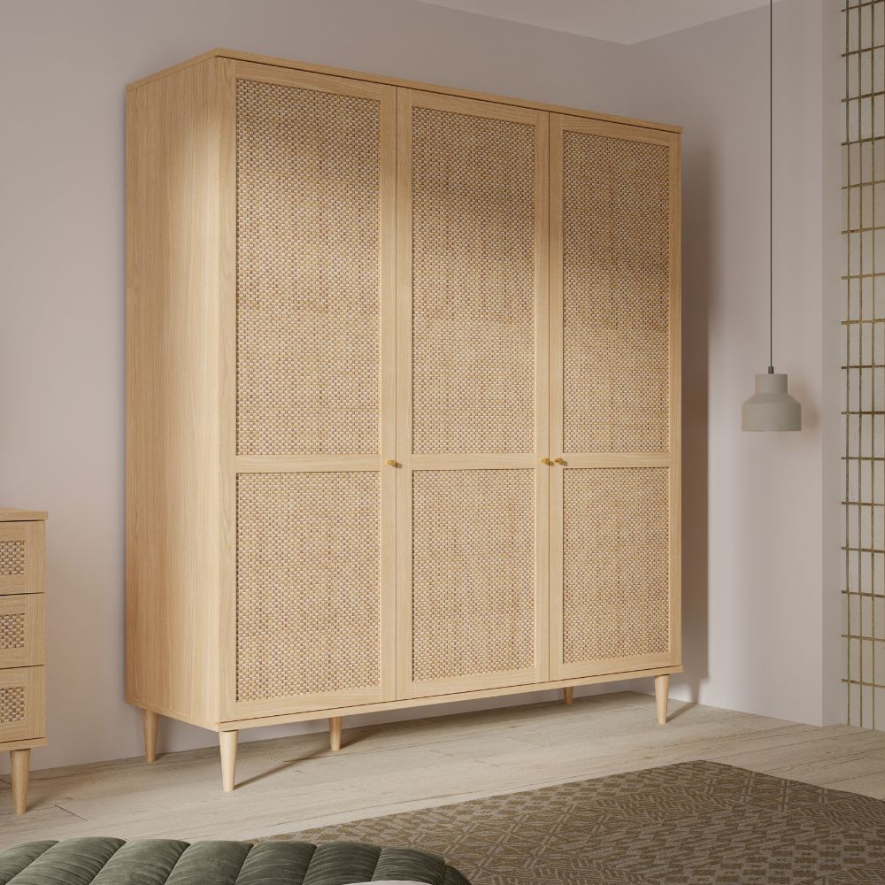Armadio 3 ante frontali effetto rattan intrecciato colore rovere 165x52x208H Livia
