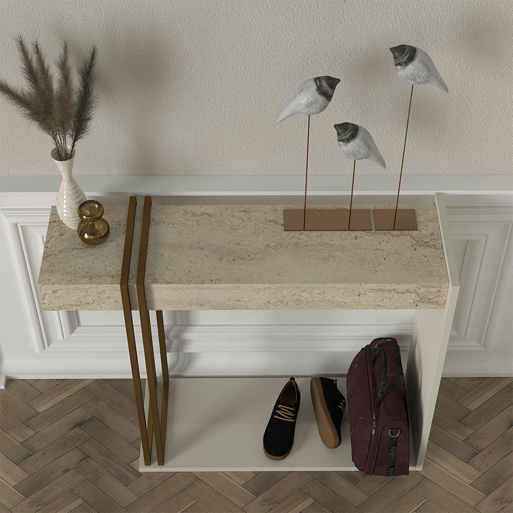 CONSOLE DESCA COULEUR CACHEMIRE ET PLATEAU TRAVERTIN