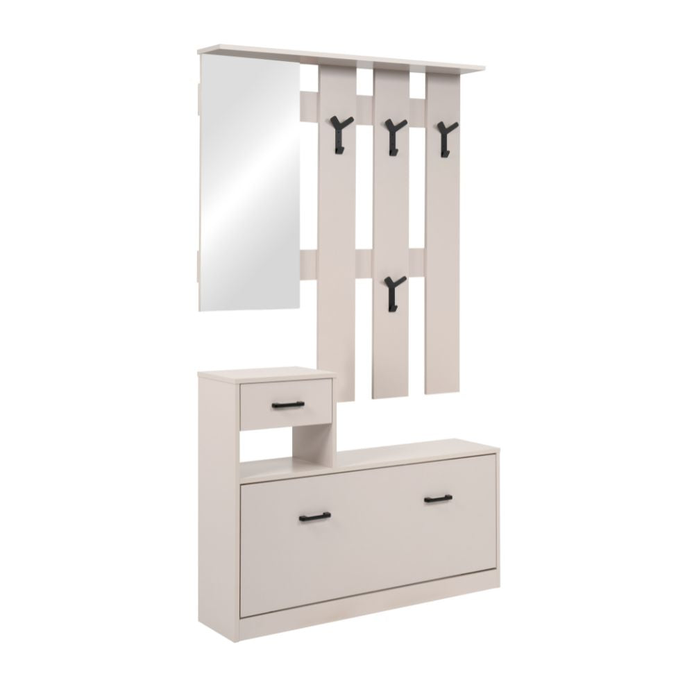 Mobile ingresso con specchio, appendiabiti, cassetto e scarpiera colore beige Rudolf
