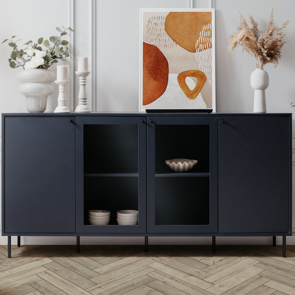 Credenza moderna 180cm con ante in vetro e ripiani colore blue navy - Caracas