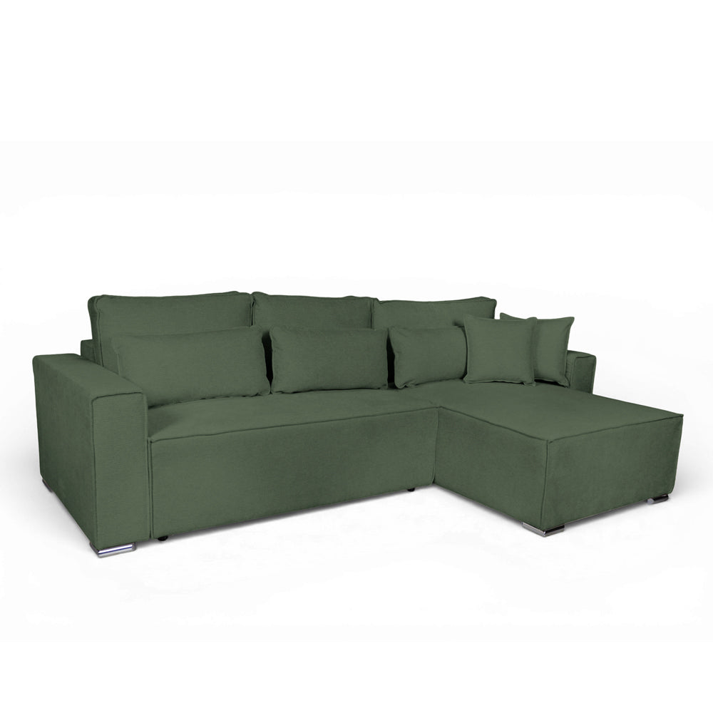 Divano angolare verde con letto Easy Open, contenitore e penisola reversibile Emily