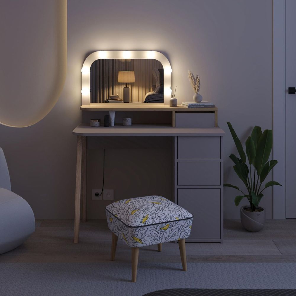 Toeletta da trucco tortora e rovere con specchio e luci LED 105x51.5x131H Avien